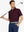 Model holding golf club, front half-body in RED Elegant Performance Jacquard Polo
