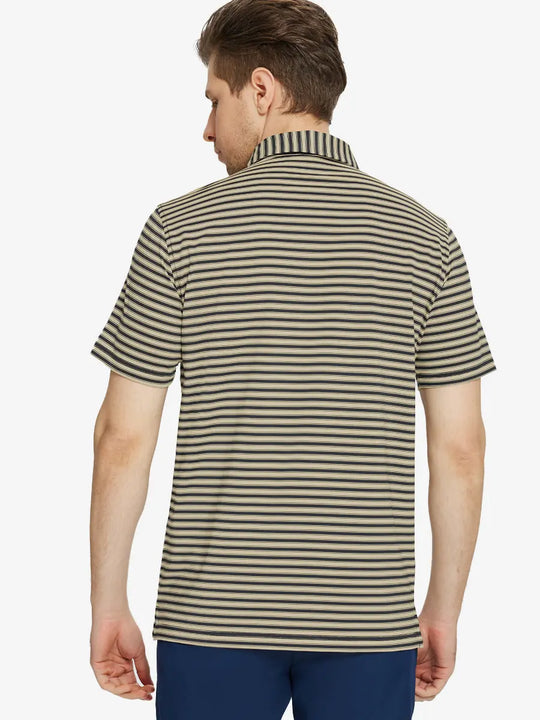 Back half-body view showing the neat stripe alignment of the Black Khaki Yarn Dyed Stripe Polo