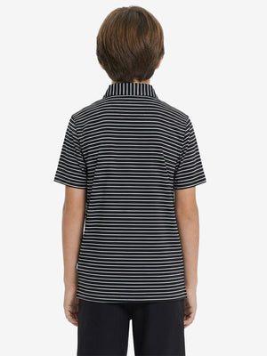 Back upper body view of youth performance golf polos, showing shape and smooth black/white stripe finish