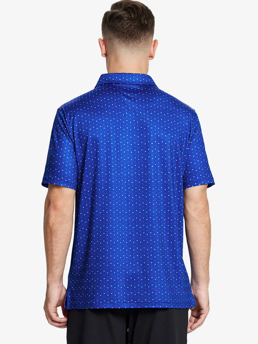 The back view shows the Star Spangled Banner patterned polo shirt, showing strong patriotic feelings and modern sporty style, suitable for golf course wear.