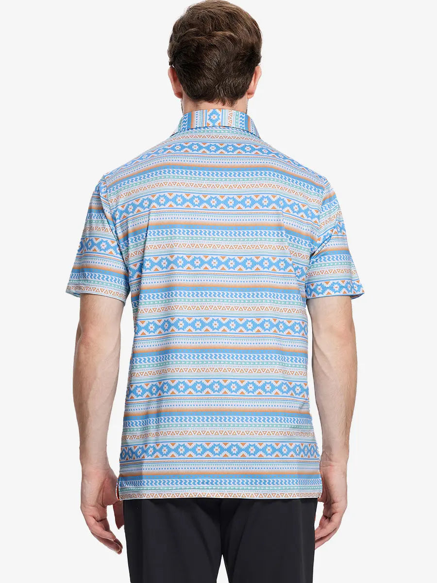 Back half-body view of model in BLUE ETHNIC Performance Quick Dry Print Golf Polo.