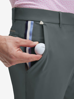 Detail view of front pocket on dark gray breathable casual slacks with 4 pockets