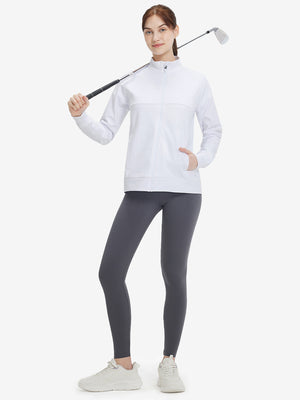 Women's Water-Resistant Stretch Fleece Lined Jacket in white, model holding golf club 