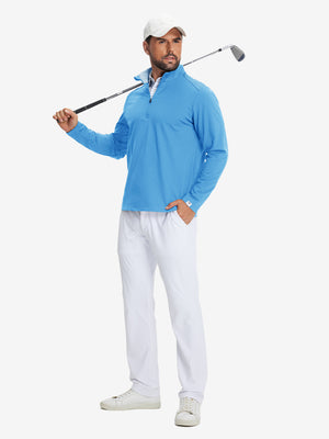 Model holding golf club wearing Fleece lined golf quarter zip in active sky blue