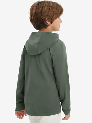 Back upper view of youth long sleeve hoodied with kangaroo pocket in olive green, showing fit and shoulders.
