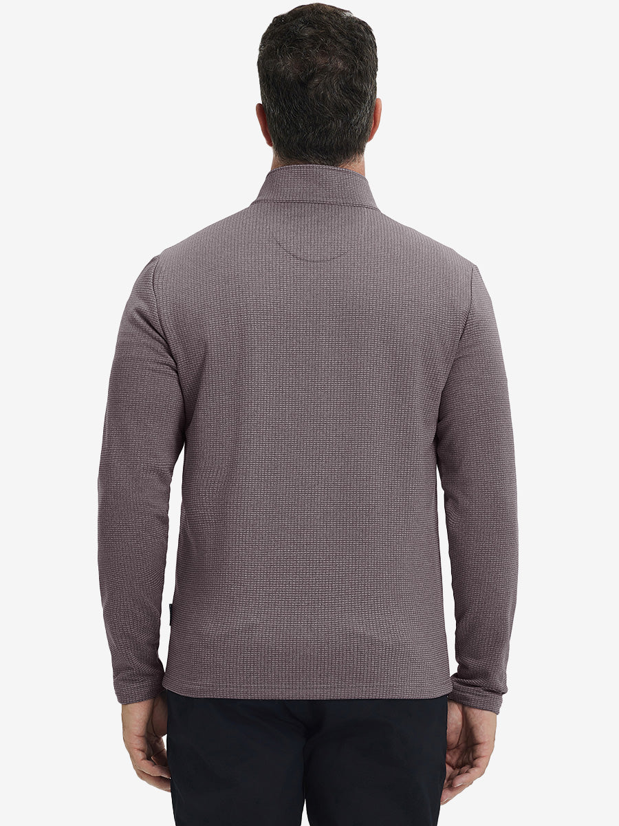 Back upper view of casual fleece lined quarter zip pullover in drak red, showing fit and seams.
