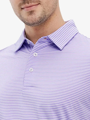 Front view from nose to chest: model wears LAVENDER WHITE STRIPE polo, fresh and elegant on fairways