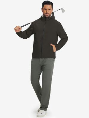 Model holding a golf club, wearing coffee water-resistant heat-tech softshell winter jacket with hood.