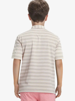 Back half-body view of child wearing LIGHT KHAKI STRIPE Kids Stylish Stripe Polo Shirt.