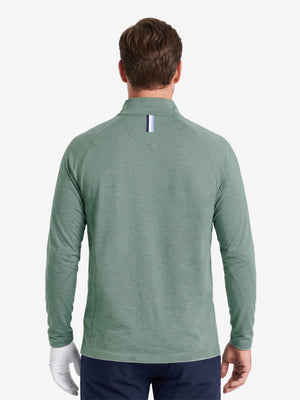 Model back upper body effect display, dry fit athletic 1/4 zip sweatshirt in celadon green heather