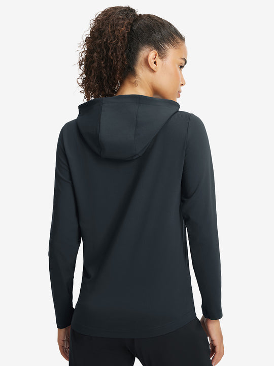 Back upper view of model in women's lightweight hoodies pullover, showing relaxed fit in dark grey.