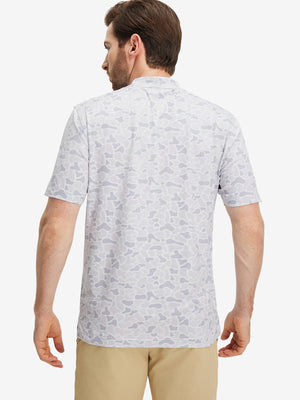 Back half-body of model in brown grey camo stretch printed collarless henley golf shirts