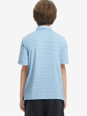 Back upper body view of kids stylish stripe polo shirts, showing pattern and misty blue stripe tone