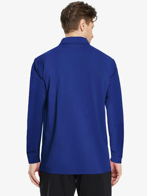 Back half-body view of model wearing KLEIN BLUE Long Sleeve Solid Jersey Polo