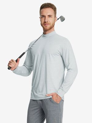 Model holding a golf club while wearing the Light Grey Heather Long Sleeve Mock Turtleneck Shirt.