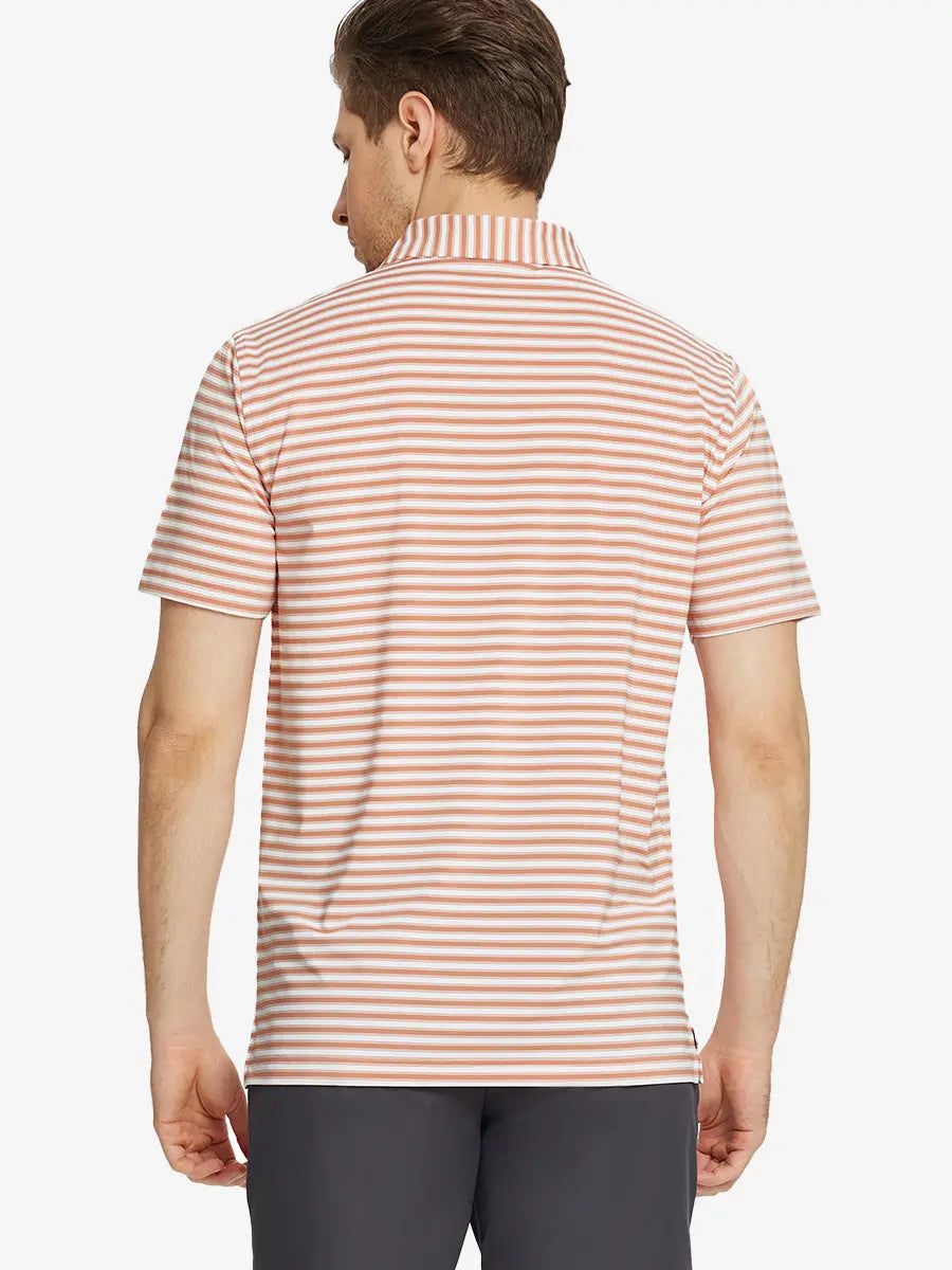 Back half-body view of Orange Dark Blue Yarn Dyed Stripe Polo