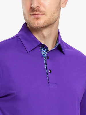 Male model wearing the Purple Everyday Classic Solid Polo, front view from nose to chest
