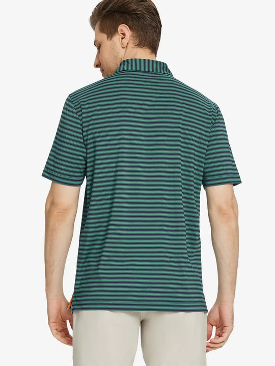 Back half-body view of Turquoise Navy Yarn Dyed Stripe Polo