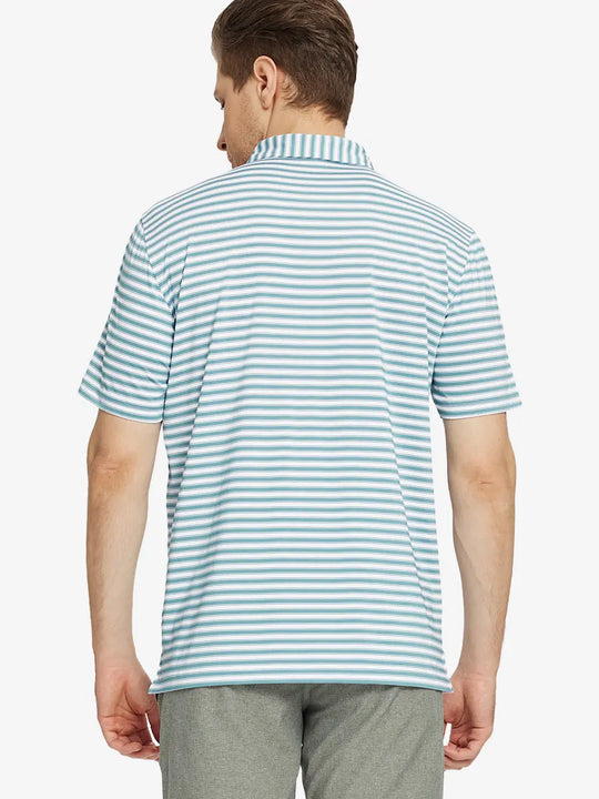Back half-body view showcasing the clean lines of the Haze Blue White Yarn Dyed Stripe Polo