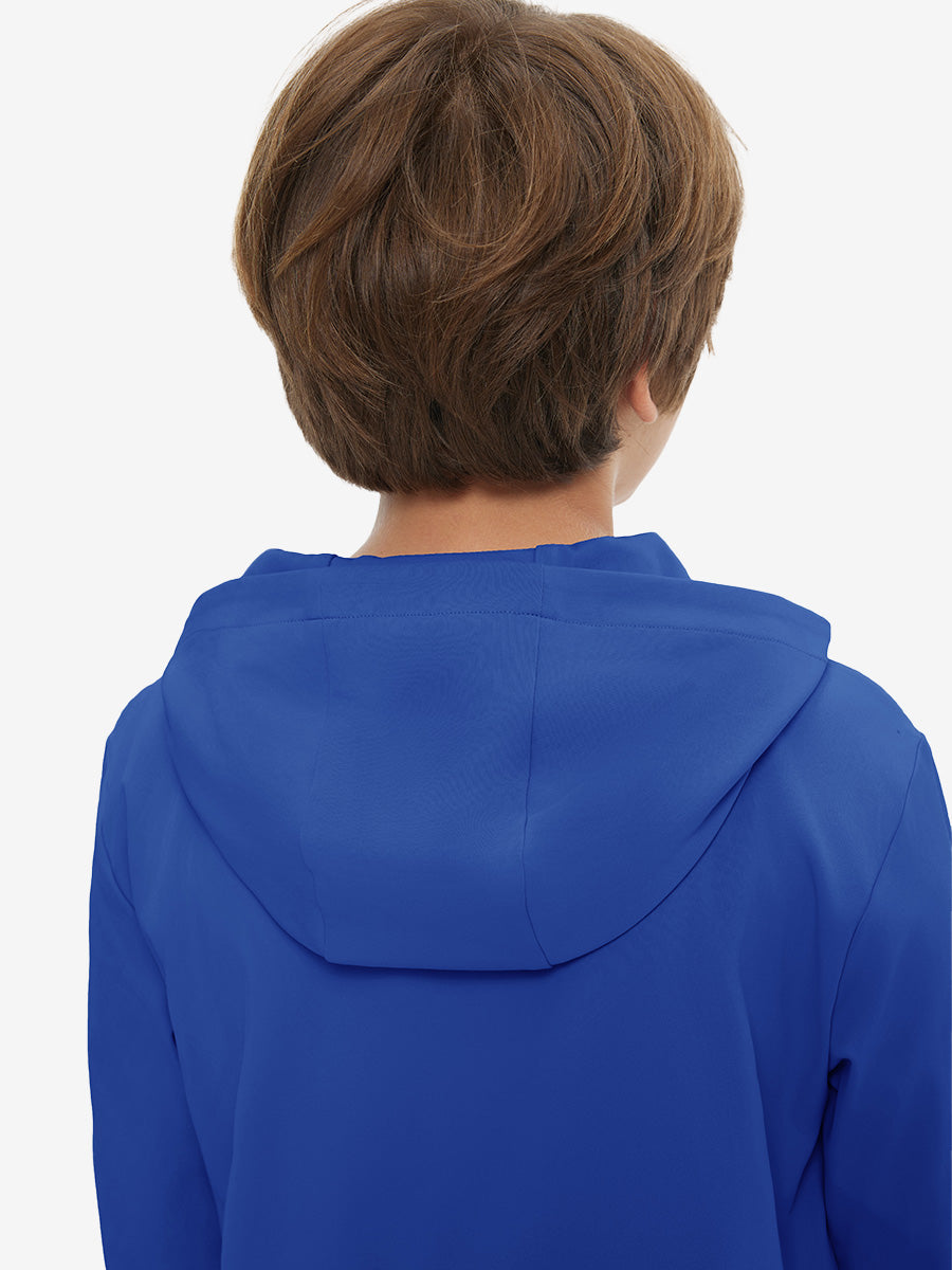 Back upper view of youth long sleeve hoodied with kangaroo pocket in klein blue, showing fit and shoulders.