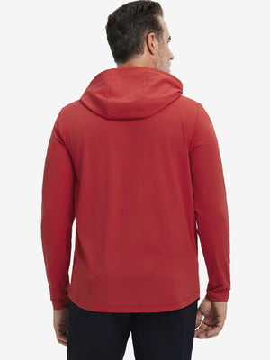 Back upper body view of the dry fit stretchy hoodie in red, simple cut and relaxed posture.