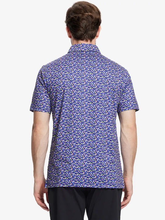The half-body view on the back showcases the navy blue floral print model polo shirt, displaying an elegant design and exquisite workmanship, suitable for golf course wear.