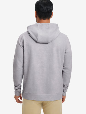 Back upper look of the exclusive print kangaroo hoodies in light purple, showing fit and shoulder line.