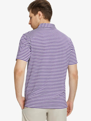 Back half-body view of Purple White Yarn Dyed Stripe Polo