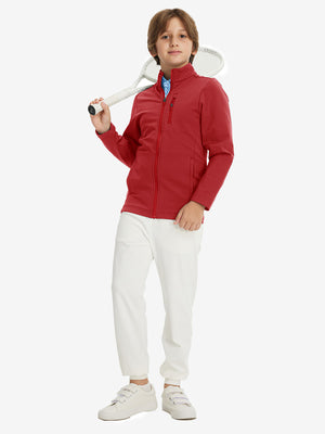Full-body view of model wearing kids soft lightweight fleece lined jacket in red, displaying the jacket's fit and design.