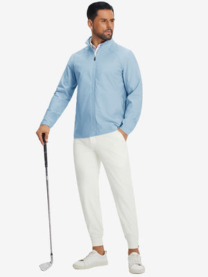 Model holding golf club wearing lightweight water-resistant outerwear jacket, active light blue style