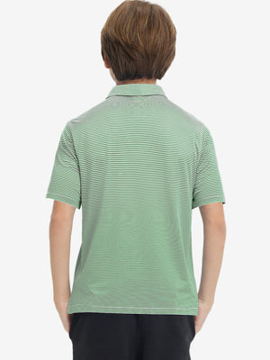 Back upper body of Kids stripe golf polos with clean lines and emerald stripe tone