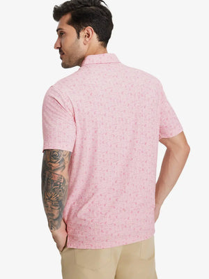Back half-body view of model in PINK WHISKEY GLASS Popular Heather Print Polo