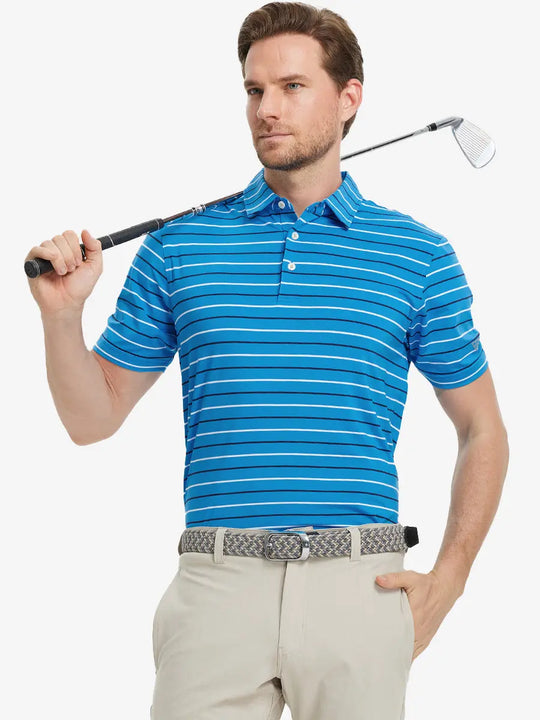Model in CLASSIC BLUE STRIPE Golf Polo holding club — dynamic front half-body pose
