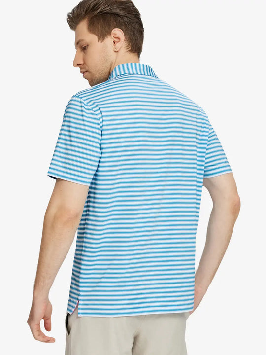 Back half-body view of Sky Blue White Yarn Dyed Stripe Polo