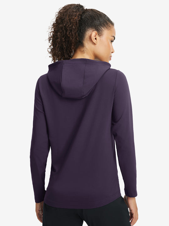 Back upper view of model in women's lightweight hoodies pullover, showing relaxed fit in dark purple.