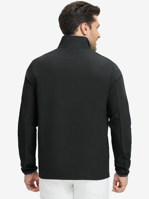 Back upper body view of the black mock neck golf pullover, model turns head for relaxed pose.