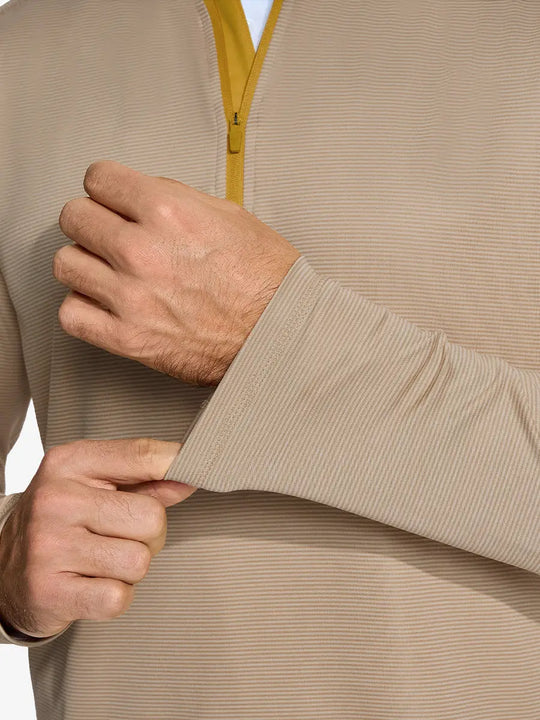 Close-up of cuff on Pinstripe Quarter Zip Pullover, showing stretch and construction – APRICOT MELANGE