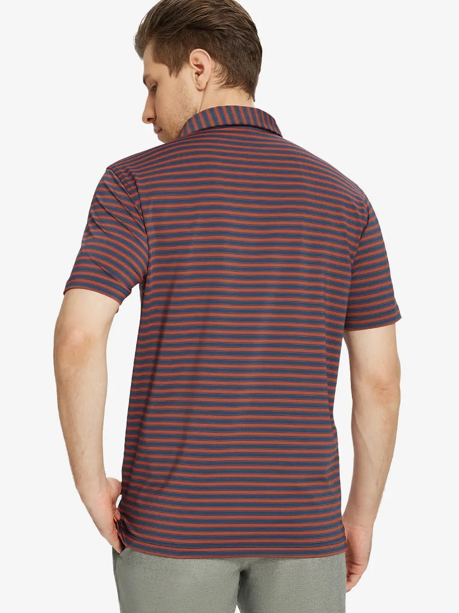 Back half-body view showing the tailored fit and stripe continuity of the Rusty Red Navy Yarn Dyed Stripe Polo