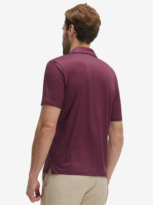 Back half-body view of model wearing the  burgundy geometric 4 way stretch print collared polo shirt, highlighting the rear silhouette