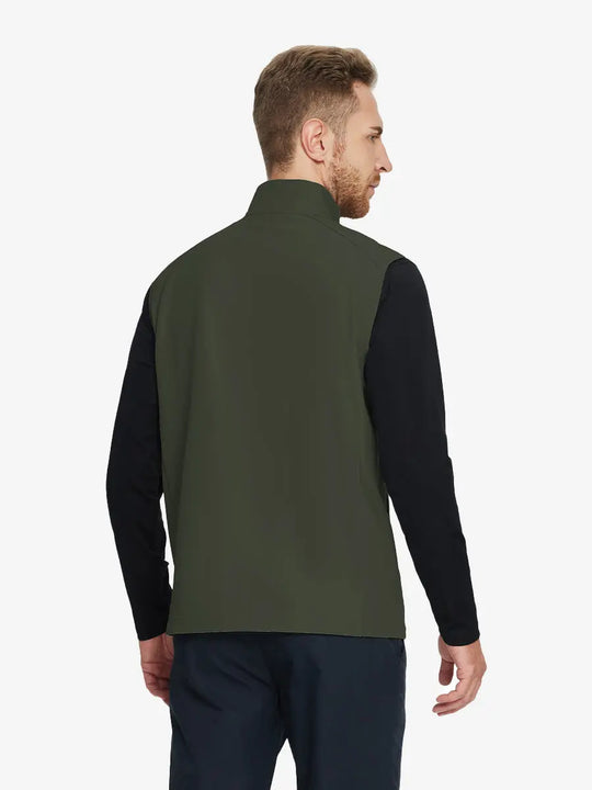 Back view of the olive green windproof golf vest, emphasizing its functional design and stylish look