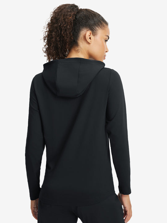 Back upper view of model in women's lightweight hoodies pullover, showing relaxed fit in black.