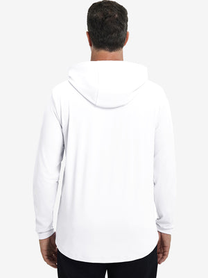 Back upper body view of the dry fit stretchy hoodie in white, simple cut and relaxed posture.