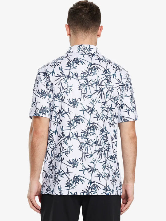 Back half-body view of model in BLUE BAMBOO Performance Quick Dry Print Golf Polo.
