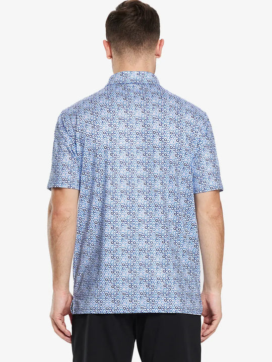 From the back, the model shows the back design of the WHITE BLUE BUBBLE  Polo shirt, clearly showing the shape and cut of the garment