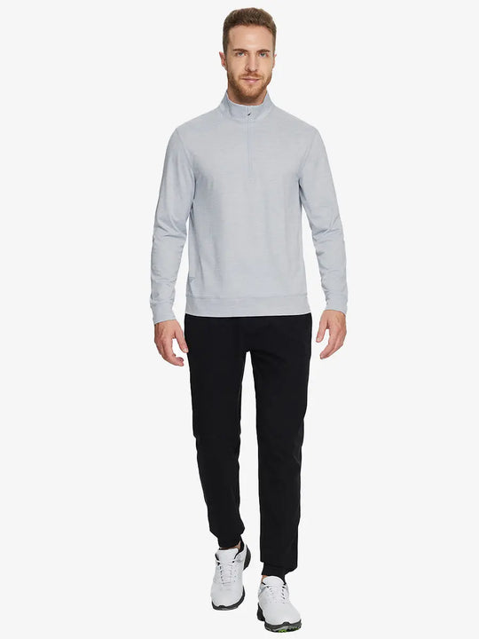 Full-body front view on model wearing FADED DENIM HEATHER Quarter Zip Melange Pullover, casual sporty look.