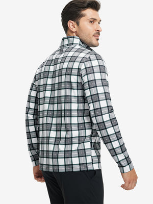 Back upper body of Full print lightweight quarter zip pullover with smooth retro grey plaid finish