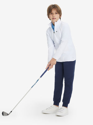 Full-body view of model wearing kids soft lightweight fleece lined jacket in white, displaying the jacket's fit and design.