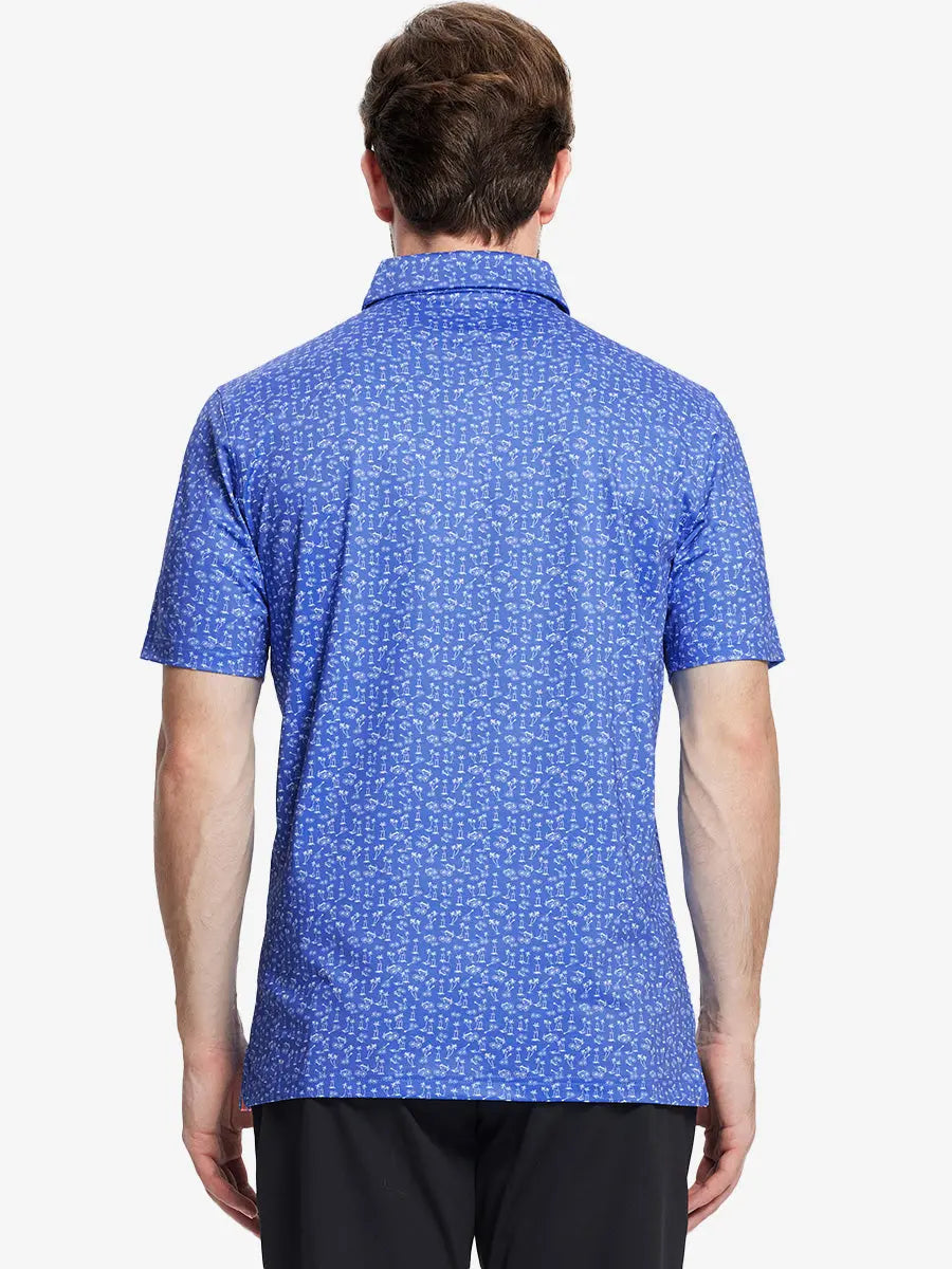 The back view of the Ocean Blue Palm Pattern model polo shirt shows a fresh and natural design for a casual golf style.