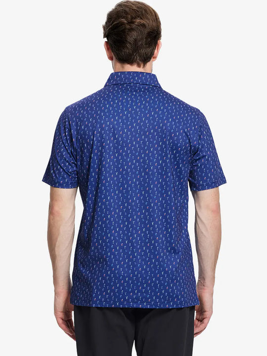 Modeled in a navy cocktail polo shirt, the back showcases a sophisticated design and sporty style for a variety of golf activities.