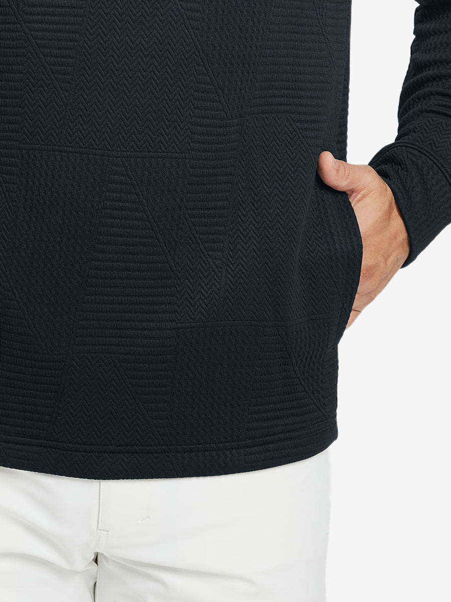 Close-up of pocket detail, single hand inside texture solid hoodies pullover, casual style in navy.